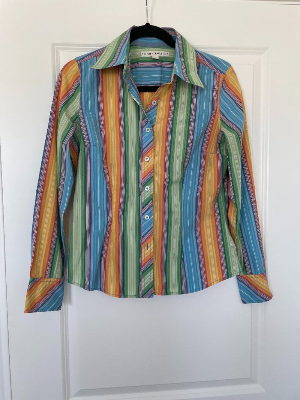 Vintage Tommy Hilfiger Rainbow Stripe Button Down Shirt Women 6 Cotton Y2K